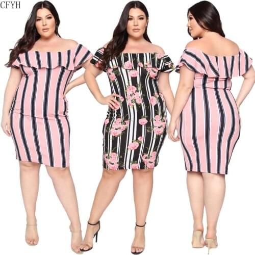 Floral Print Sexy Dress Plus Size 5XL Elegant Slash Neck Ruffles Short Sleeve Party Dress Black White Stripe Off Shoulder Dress