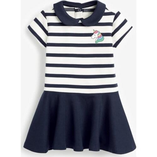Girls' Dresses 2021 Summer Children Classic Black White Striped Dresses Cartoon Unicorn Cotton Peter Pan Collar Simple Dresses