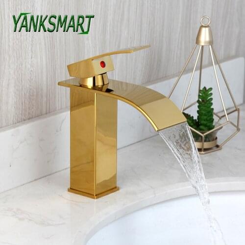 YANKSMART Luxury Gold Polished Bathroom Faucet Waterfall Spout Basin Sink Deck Mounted Faucet Single Handle Mixer Water Tap