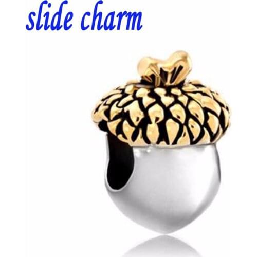 Slide charm Free shipping Fashion personality gift gilded acorns fruit charm beads fit Pandora bracelet