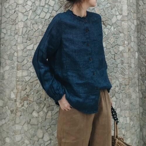 New womens large art cotton linen bird pattern ear collar Long Sleeve Shirt 2020-04