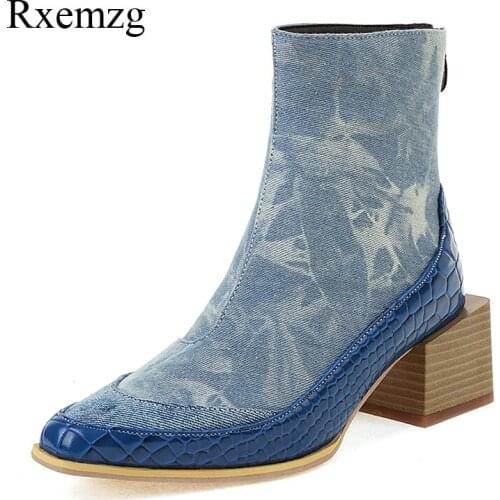 Rxemzg 2021 Autumn Winter New Ankle Boots For Women Fashion Sewing Mixed Colors Denim Square Toe Boots Sexy Snake Print Boots 48