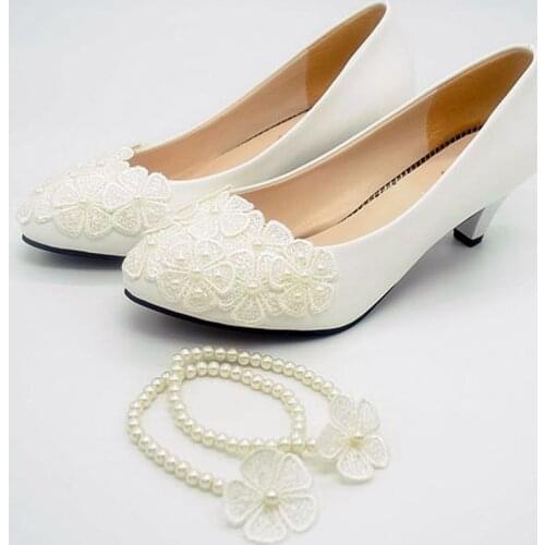 Middle heel ivory lace flowers wedding shoes woman round toe slip on ladies female ankle beaded anklet lace bridal wedding shoe