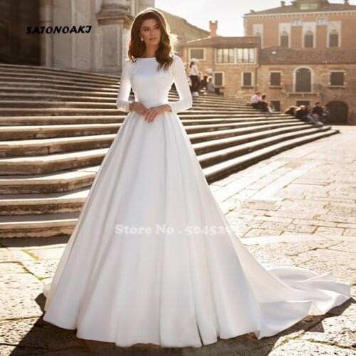 Simple Long Sleeve Wedding Dress 2020 for Women White Satin Princesa Bride Gowns Elegant Vestido Novia Robe De Mariée Sukienka