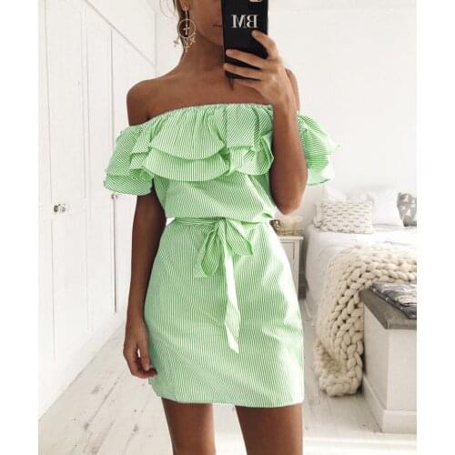 Ruffles slash neck women dress Summer style off shoulder stripe bow bandage sexy dresses vestidos beach short dress bodycon
