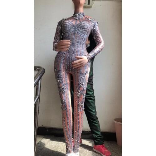 Women Sexy Big Glass Diamond Jumpsuit Full Of Sparkling Rhinestones Bodysuit Nightsulbe Stage Wear Sexy Costume Singer Dancer