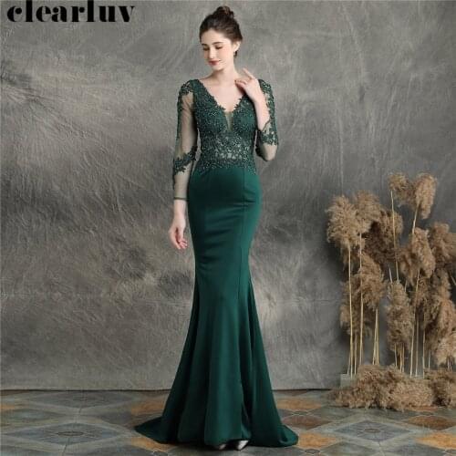 Appliques Mermaid Evening Dresses Robe De Soiree V-Neck Beading Women Party Dress DX253 2019 Plus Size Long Sleeves Formal Gowns