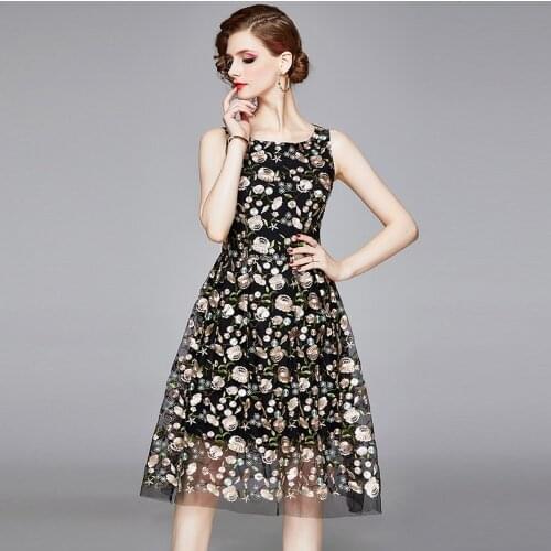 Jospoo Women Summer Luxury Embroidery Mesh Dress Festa High Quality Vintage Cocktail Party Robe Female Floral Designer Vestidos