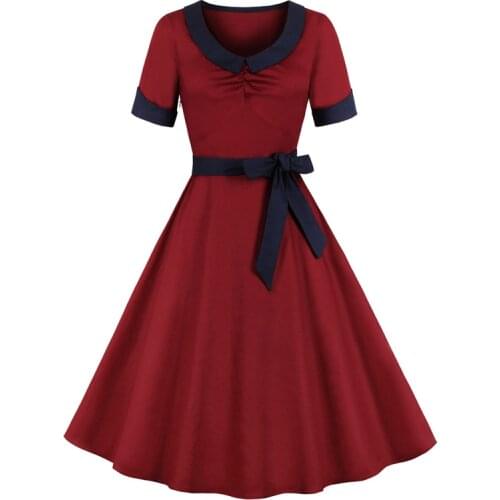 Ruched Belted Red 50s 60s Vintage Dress Robe Rockabilly Swing Summer Clothes for Women 2020 Short Sleeve Elegant Casual Vestidos