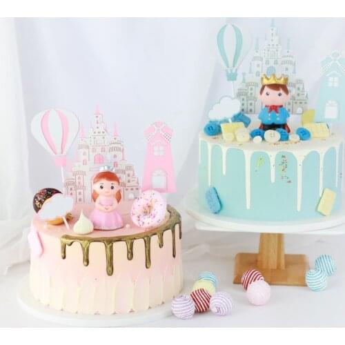5pcs/set Pink Blue Castle Hot Balloon Cloud Prince Cake Topper Flag Princess Kids Birthday Party Baby Shower Cake Decor Supplies