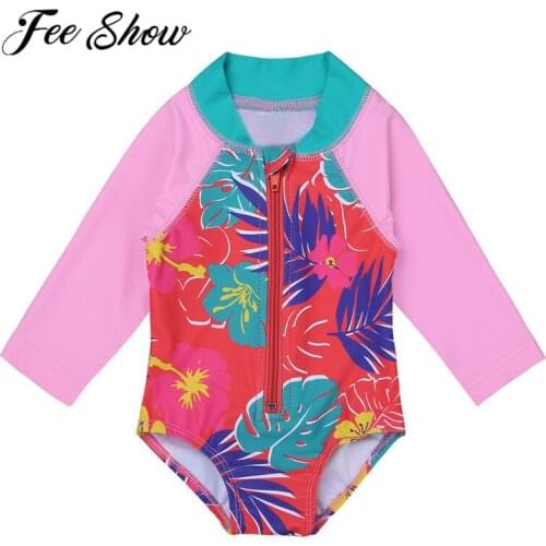 3-24 Months One-piece Long Sleeves Floral Printed Zippered Infant Baby Girl Swimsuit Girls Swimwear Bathing Suit Rash Guard