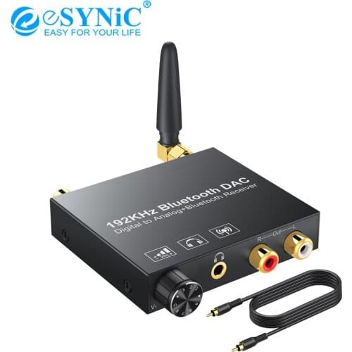 ESYNiC 192k Digital to Analog Audio Converter with Bluetooth-compatible Receiver Toslink Coaxial to RCA 3.5mm Audio Adapter DAC