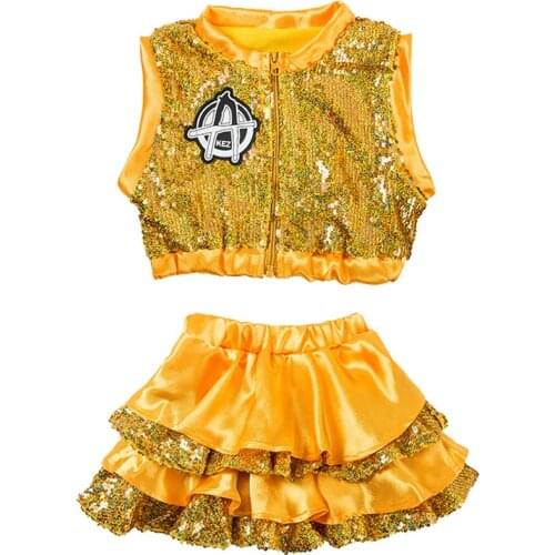 Children stage Jazz Dance Costume for Kids Girls Hip-hop Crop Top Skirt performance orange Shiny Sequins hip hop suit outfit