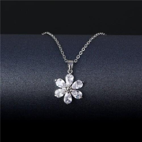 Ekopdee Fashion Simple Chain Zirconia Flower Drop Necklace Pendant For Women CZ Crystal Elegant Female Jewelry Valentine Gift