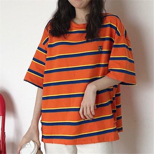 Womens Oversized T-shirts Harajuku Ladies Spring Summer Retro Colored Striped T-shirt Female Korean Kawaii Tops