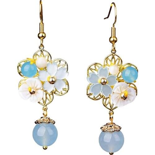 Chalcedony Flowers Drop Earrings Charm Jewelry Hetian Jade Agate 925 Silver Natural Carved Amulet Gifts for Her Women