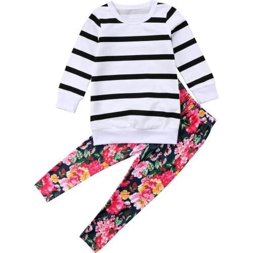 Kids Baby Girls 2Pcs Clothing Set Striped T Shirt Tops+ Floral Pants Long Sleeve Clothes Outfit Set