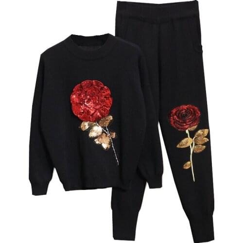 Spring Two Piece Sets Women Sports Knitted Suit Sets Autumn Woman Flowers Sequin Sweaters Tops & Trousers Set Casual Loose Sets