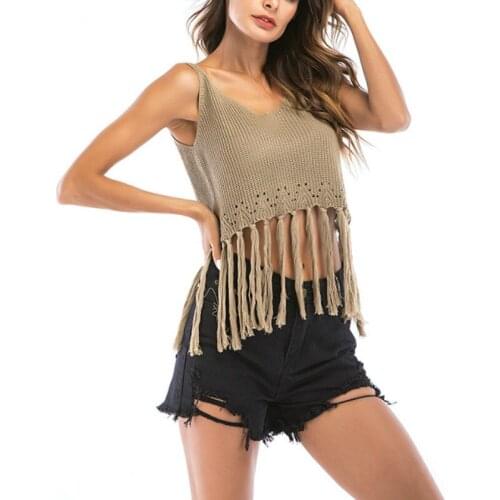 2019 Womens Knitting Suspender Vest Summer Short Hook Flowers Hollow Tassel Sleeveless Shirts Sexy Solid Color Tank Tops