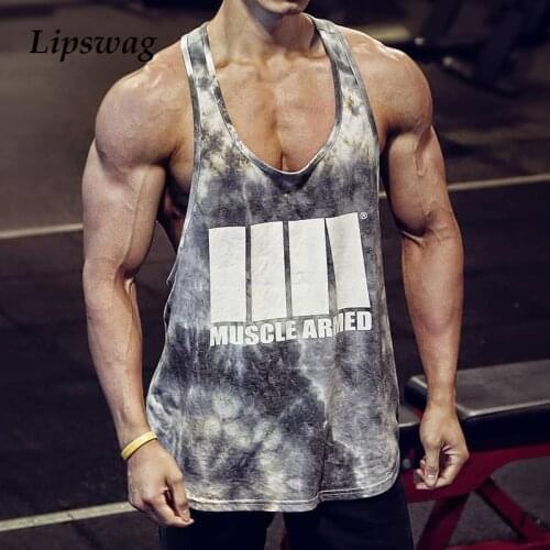 Tie-dye Print Gym Clothing For Men Fitness Bodybuilding Workout Tank Tops Casual Summer Sleeveless O-Neck Vest Male Sportswear