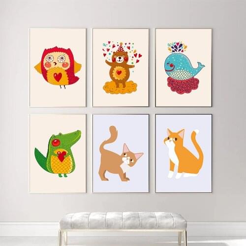 Bear Whale Cat Dinosaur Squirrel Owl Animal Wall Art Poster Abstract Baby Canvas Painting Nordic Pictures Living Room Home Decor