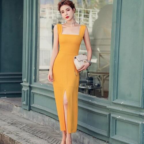Fashion Korean Vintage Sexy Tank Sleeveless Maxi Party Dress Ladies Elegant Coffee Break Casual Bodycon Skinny Split Beach Dress