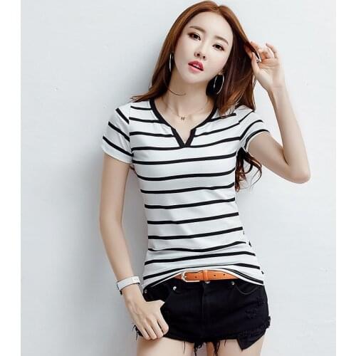 MRMT 2021 Brand New Summer Womens T Shirt Thin Striped V - Collar Short - Sleeved T-shirt for Female Cotton Tops Tshirt
