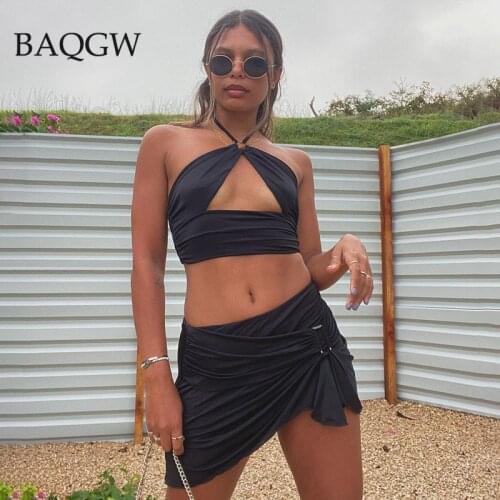 Sexy Hollow Two Piece Set Women 2021 Summer Dress Halter Backless Crop Top Skirt Vacation Birthday Club Outfits Matching Sets