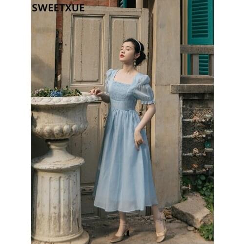 SWEETXUE Romantic French Retro Shell Gloss Fairy Dress Elegant Female Summer High Waist Square Collar Pleated Party Dress Lady