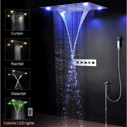 Modern Concealed Ceiling Dual Rain Large Waterfall Massage Electric LED Shower Faucets Set High Flow Mixer Set