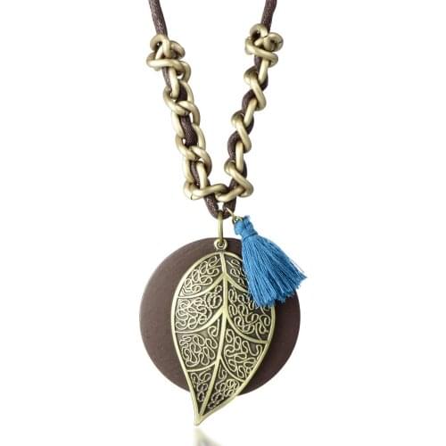 Antique Vintage Long Rope Chain Necklace Tassels Wooden Alloy Leaf Pendants Neckless Cord Jewelry Accessories Free Shipping