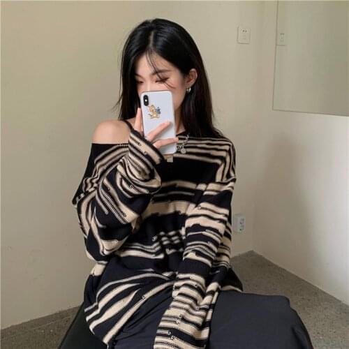 Sweater Pullovers Knitted Women Vintage Elegant O-neck Casual Korean Winter Autumn Long SleeveFemale Outwear Simple Striped W113