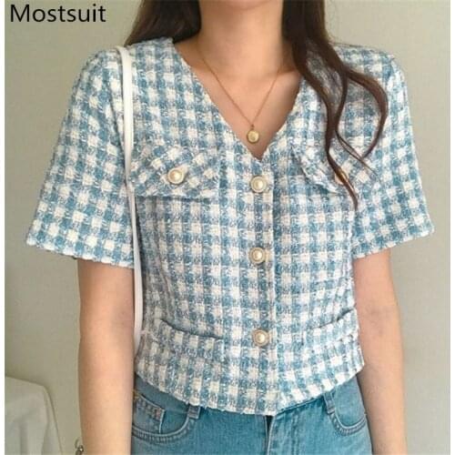 Korean Vintage Plaid Short Jacket Coat Women Summer Short Sleeve V-neck Single Breasted Tops Elegant Stylish Ladies Outwear 2021