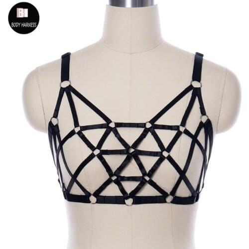 Women Sexy Black Goth Body Harness Rave Crop Top Cage Bra Fetish Bondage Harness Belt Harajuku Pole Dance Body Cage Bra
