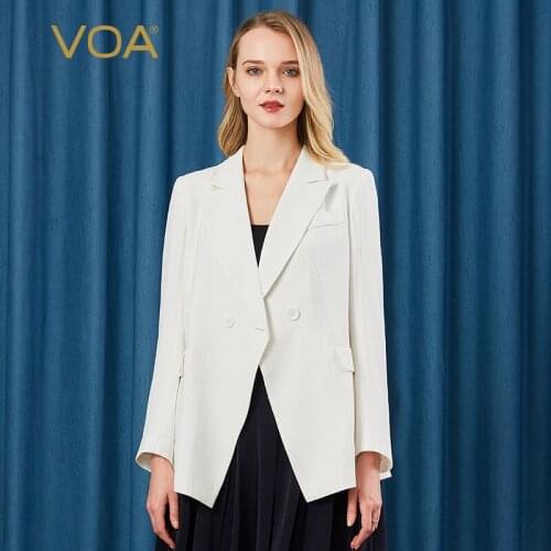 VOA 46m/m Silk Office Lady Tops Stripe Long-sleeved Double-breasted Turn-down Collar Women Jacket Spring Autumn Coat W491