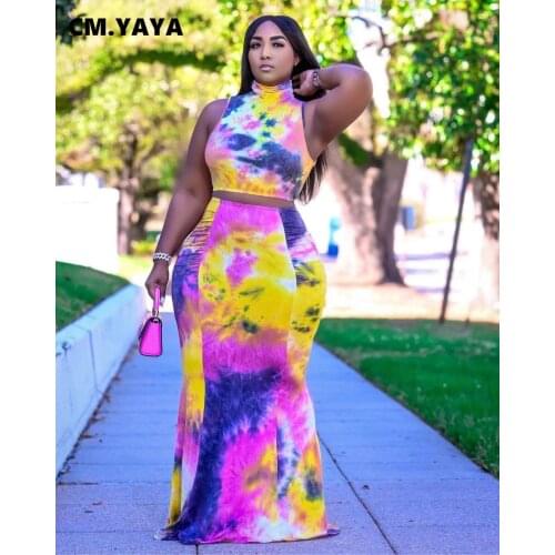 CM.YAYA Streetwear Active Tie Dye Print Women Two 2 Piece Set Outfit Crop Tops and Mermaid Maxi Skirt Matching Set Tracksuit