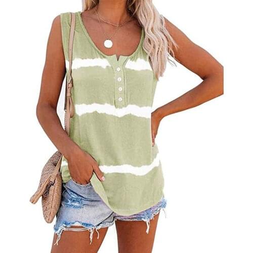 New Top Women Summer Casual Sleeveless Round Neck Striped Buttons T-Shirt Womens Clothing Fashion Sexy Beach Ladies Vest