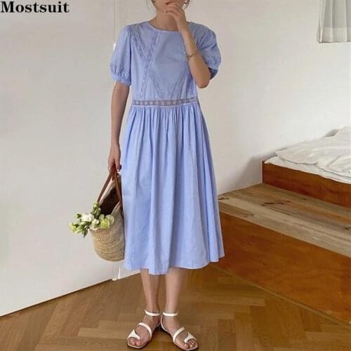 Summer Elegant Puff Sleeve Dress For Women Hollow Out Lace Patchwork Vintage Dresses Korean 2021 Robe Femme