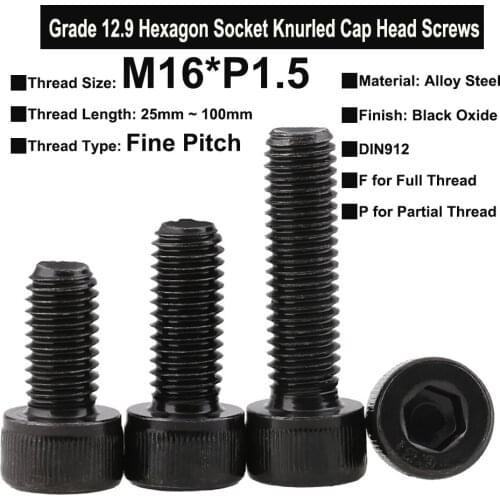 1Pc M16 Grade 12.9 Screws Fine Pitch Thread Alloy Steel Hexagon Socket Knurled Cap Head Bolts DIN912 Thread Length:25mm~100mm