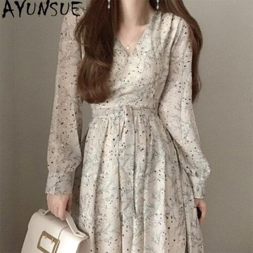 AYUNSUE 2021 Fashion Sping Woman Dress V Neck Elegant Ladies Dresses Print Chiffon Long Sleeve Dress Korean Vestidos Ropa Mujer