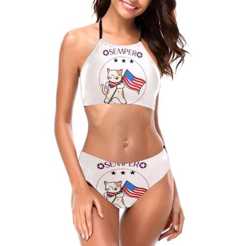 White Patriotic Cat With US Flag - Semper Fortis Bikinis Exotic Swimsuit Low Waist swimsuit separate bathing suit SwimSuit