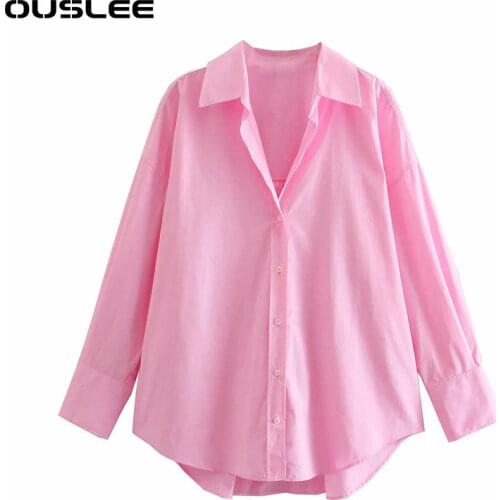 Ouslee Spring Women Simply Candy Color Button Up Single Breasted Poplin Shirt Office Lady Long Sleeve Blouse Chic Chemise Tops