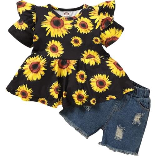 Bmnmsl Girls 2Pcs Summer Clothes Suit Sunflower Printed Ruffled Hem Short Sleeve Tops with Short Ripped Jeans Set