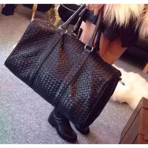 Kanye west woven large travel bag knitted genuine leather handbag luggage bags commercial travel duffle handmade luxury