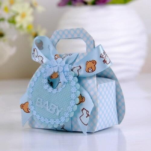 Bear Shape DIY Paper Gift Box Christening Baby Shower Party Favor Boxes Paper Candy Box with Bib Tags & Ribbons12pcs