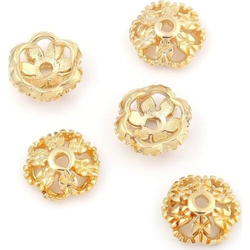 5pcs Copper Genuine Gold Plated Charm Flower Shape with 1mm Hole 7mm Beads Spacer Caps Holder For DIY Jewelry Making Accessories