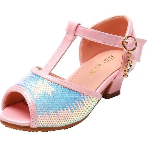 Sandals Children Girls Fish Mouth Design Summer Kids Sandals with Low Heel Glitter Princess Shoes Soft Sole SJD029