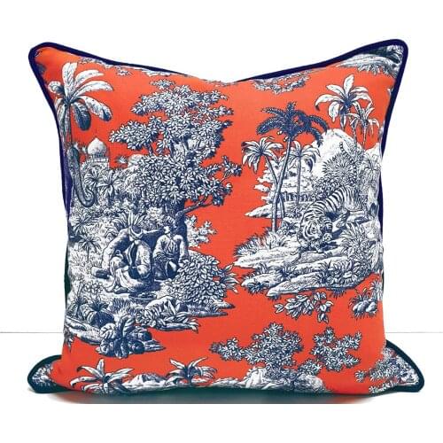 Coral Bleu Blanc Handmade Linen Fabric Cushion Cover Pillowcase 2PCS Set / 45CM X 45CM