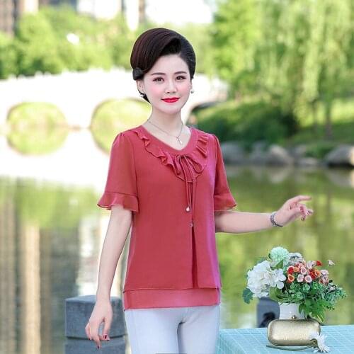 Summer Women Ruffle T-Shirt Fashion Solid Chiffon Shirt Plus Size 5XL Women Loose Short Top Middle-aged Mother Clothing T-Shirt