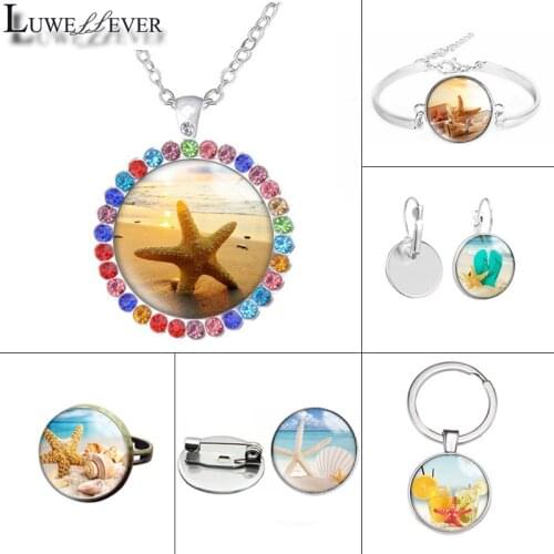 New 589 Starfish Glass Necklace Bracelet 30mm 25mm Double Sided Round Glass Cabochon Jewelry For Unisex Charm Pendant
